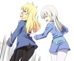  2girls ass black_legwear blonde_hair blush eila_ilmatar_juutilainen eyes_closed glasses multiple_girls panties panties_under_pantyhose pantyhose perrine_h_clostermann strike_witches white_hair white_legwear white_panties world_witches_series yellow_eyes 