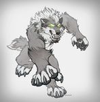  2016 4_toes 5_fingers anthro barefoot bearlyfeline biped black_fur black_lips black_nose black_tail canine claws digital_media_(artwork) eyebrows fangs fluffy fluffy_tail front_view full-length_portrait fur glowing glowing_eyes green_eyes grey_claws grey_fur grey_tail hi_res lips male mammal multicolored_fur multicolored_tail nude portrait saliva signature simple_background snout solo teeth tharis toe_claws toes were werewolf white_fur white_tail 