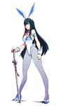  &gt;:( alternate_costume animal_ears armlet bangs bare_shoulders black_hair blue_eyes bunny_ears bunnysuit clenched_hand closed_mouth cuffs detached_collar eyebrows_visible_through_hair fake_animal_ears fighting_stance frown full_body grey_legwear gyosone high_heels kill_la_kill kiryuuin_satsuki leotard long_hair looking_at_viewer pantyhose serious shoes simple_background solo strapless strapless_leotard sword tassel tsurime v-shaped_eyebrows very_long_hair weapon white_footwear white_leotard wrist_cuffs 