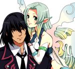  1boy 1girl aqua_eyes aqua_hair bare_shoulders black_hair blush breasts coat dark_skin detached_sleeves dress gaius_(tales) lips muzet_(tales) necktie pointy_ears red_eyes short_hair tales_of_(series) tales_of_xillia tales_of_xillia_2 very_long_hair wings 