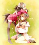  2girls agria_(tales) bodysuit boots breasts brown_hair choker cleavage dress flower freckles green_background green_eyes grey_eyes grey_hair hairband heart jacket leia_rolando long_hair multiple_girls ribbon shoes short_hair tales_of_(series) tales_of_xillia thigh_boots 