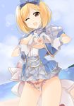  ;d bad_id bad_pixiv_id beach blonde_hair bow breasts breasts_outside brown_eyes day djeeta_(granblue_fantasy) gloves granblue_fantasy hair_bow hairband heart heart_cutout heart_hands heart_pasties kimi_to_boku_no_mirai looking_at_viewer medium_breasts one_eye_closed open_mouth panties pasties pubic_hair revealing_clothes sasakura short_hair smile solo thighs underwear white_gloves 