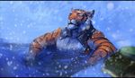  2016 anthro biped black_fur black_stripes cheek_tuft digital_media_(artwork) digital_painting_(artwork) feline front_view fur hot_spring letterbox looking_at_viewer male mammal multicolored_fur nude oouna orange_fur partially_submerged pink_nose potzi_hookman reclining relaxing signature snow snowing solo striped_fur stripes tiger towel tuft water whiskers white_fur yellow_eyes 