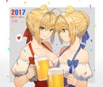  2girls ahoge alcohol animal animal_on_head artoria_pendragon_(all) asymmetrical_docking bare_shoulders beer beer_mug blonde_hair breast_press breasts cleavage cup dirndl fate/extra fate/stay_night fate_(series) german_clothes green_eyes happy_new_year heart highres holding holding_cup looking_at_viewer md5_mismatch medium_breasts mizu_(dl7613) multiple_girls nero_claudius_(fate) nero_claudius_(fate)_(all) new_year on_head saber short_hair smile spoken_heart 