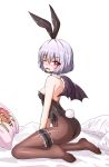  1girl animal_ears bare_shoulders bat_wings bed_sheet black_legwear black_leotard black_wings blush breasts bunny_ears bunny_girl bunny_tail bunnysuit commentary eyebrows_visible_through_hair fang fishnet_pantyhose fishnets frills from_side full_body hair_between_eyes highres lavender_hair leotard looking_at_viewer no_shoes nose_blush one_eye_closed pantyhose pointy_ears red_eyes remilia_scarlet short_hair simple_background sitting small_breasts solo sweatdrop tail thigh_strap touhou welchsbinn white_background wings yes yes-no_pillow yokozuwari 