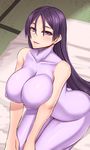  bare_arms bare_shoulders blush breasts collarbone commentary_request covered_nipples fate/grand_order fate_(series) futon highres large_breasts long_hair looking_at_viewer minamoto_no_raikou_(fate/grand_order) parted_lips purple_eyes purple_hair seiza shuugetsu_karasu sitting skin_tight smile solo unitard very_long_hair 
