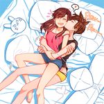  2girls :3 bare_shoulders barefoot bed bed_sheet black_shirt blue_shorts blush breasts brown_shirt bunny_pillow cable camisole cheek_kiss closed_mouth collarbone commentary_request d.va_(overwatch) earphones facepaint facial_mark heart heart_of_string hooreng hug hug_from_behind kiss korean_commentary lying medium_breasts multiple_girls on_back on_bed open_mouth overwatch panties panty_peek pillow red_shirt shared_earphones shirt short_shorts short_sleeves shorts sleeveless smile spoken_heart toenails tracer_(overwatch) underwear v-shaped_eyebrows whisker_markings white_panties yellow_shorts yuri 
