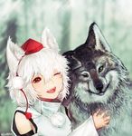  ;d animal animal_ears bare_shoulders detached_sleeves fangs fur hat high_collar highres hug inubashiri_momiji looking_at_another one_eye_closed open_mouth pom_pom_(clothes) red_eyes smile snout tokin_hat touhou upper_body vaba white_hair wide_sleeves wolf wolf_ears yellow_eyes 