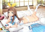  absurdres ass blue_eyes blue_neckwear blurry brown_hair cellphone chin_rest choker day depth_of_field feet flat_chest full_body hair_ribbon hibike!_euphonium highres huge_filesize indoors instrument legs_up long_hair looking_at_viewer lying neckerchief no_pants no_shoes on_stomach ooyari_ashito panties phone photo_(object) pleated_skirt ribbon ribbon_choker scan school_uniform serafuku side-tie_panties skirt skirt_removed smartphone smile socks solo the_pose trumpet underwear watch white_legwear white_panties wristwatch yoshikawa_yuuko 