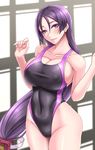  alternate_costume bare_arms bare_shoulders blush breasts bursting_breasts cleavage collarbone commentary_request competition_swimsuit covered_nipples cowboy_shot fate/grand_order fate_(series) highleg highleg_swimsuit large_breasts long_hair looking_at_viewer low-tied_long_hair minamoto_no_raikou_(fate/grand_order) one-piece_swimsuit purple_eyes purple_hair shuugetsu_karasu sideboob smile solo swimsuit very_long_hair 