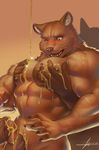 abs anthro bear biceps big_muscles blush brown_fur brown_nose claws duo erection food food_play from_behind_position fur grope hi_res honey male mammal messy muscular nipples nude one_eye_closed open_mouth pec_grasp pecs penis raccoon21 sex solo_focus teeth vein wink 