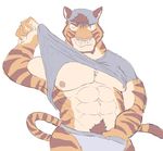  abs armpits bangcanine brown_hair clothed clothing clothing_lift feline fur hair hat male mammal muscular nipples pecs pubes shirt shirt_lift simple_background solo striped_fur stripes tiger underwear white_background 
