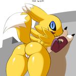  2016 against_wall anthro black_sclera blue_eyes bridal_gauntlets butt claws clothing cute digimon female fur pussy renamon smile solo white_eyes xylas yellow_fur 