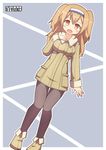  alternate_costume boots coat i-26_(kantai_collection) kantai_collection light_brown_eyes light_brown_hair long_hair open_mouth pantyhose pepatiku solo twitter_username two_side_up 