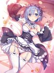  absurdres bed black_bow blue_eyes blue_hair bow bow_panties breasts cleavage flower garter_straps hair_flower hair_ornament highres legs looking_at_viewer lying maid maid_headdress medium_breasts panties re:zero_kara_hajimeru_isekai_seikatsu rem_(re:zero) resized scan skirt solo thighhighs tomose_shunsaku underwear upscaled white_panties 