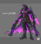  absurdres alternate_costume ammunition_belt armor artist_name belt black_armor breastplate cape claws cosplay crossover dual_wielding full_armor full_body gauntlets gore_magala_(armor) grey_background gun helmet highres holding holding_gun holding_weapon hood horns kai_e male_focus monster_hunter overwatch reaper_(overwatch) reaper_(overwatch)_(cosplay) simple_background solo standing weapon 