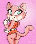  anthro big_butt bottomless breasts butt cat clothed clothing feline female fur mammal pink_fur rayryan90 rear_view shima_luan skirt smile solo super_planet_dolan youtube 