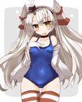  :d amatsukaze_(kantai_collection) arm_behind_back blue_swimsuit blush breast_suppress breasts brown_eyes collarbone eyebrows_visible_through_hair fang gloves hair_between_eyes hair_tubes hat head_tilt heart highres kantai_collection long_hair looking_at_viewer medium_breasts mini_hat off_shoulder one-piece_swimsuit open_clothes open_mouth open_shirt outside_border shirogane_(platinum) shirt silver_hair smile solo steam striped striped_legwear sweatdrop swimsuit thighhighs two_side_up very_long_hair white_gloves 