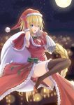  1girl :o absurdres black_legwear blonde_hair blue_eyes bow breasts capelet christmas commentary_request dress fate/grand_order fate_(series) full_moon fur-trimmed_capelet fur-trimmed_dress fur-trimmed_gloves fur-trimmed_legwear fur_trim gloves green_bow hat high_heels highres holding holding_sack jeanne_d&#039;arc_(fate) jeanne_d&#039;arc_(fate)_(all) kugatsu_tooka long_hair looking_at_viewer medium_breasts moon night night_sky open_mouth red_capelet red_dress red_footwear red_gloves red_hat sack santa_costume santa_hat side_slit sky sleeveless sleeveless_dress solo star_(sky) starry_sky thighhighs very_long_hair 