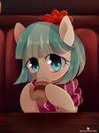  2017 beverage blue_eyes blue_hair blush coco_pommel_(mlp) earth_pony equine eyelashes female feral friendship_is_magic hair hi_res hooves horse inside looking_at_viewer mammal momomistress multicolored_hair my_little_pony pony scarf short_hair solo two_tone_hair 