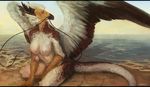  2016 anthro avian beach beak biped bird black_beak black_horn breasts brown_feathers brown_tail detailed_background digital_media_(artwork) digital_painting_(artwork) dragon eastern_dragon egyptian_vulture eva_(ozawk) feathered_wings feathers female flesh_whiskers front_view horn hybrid kneeling letterbox looking_away multicolored_tail non-mammal_breasts nude oouna outside sea seaside signature solo two_tone_feathers vulture water whiskers white_belly white_feathers white_tail wings 