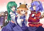  :d :o bangs black_skirt blue_skirt blue_vest blush bow brown_ribbon commentary_request crossed_arms detached_sleeves dress e.o. fedora fighting frog_hair_ornament hair_ornament hair_ribbon hat hat_bow jacket japanese_clothes juliet_sleeves kochiya_sanae long_hair long_sleeves looking_at_viewer maribel_hearn mirror mob_cap moriya_suwako multiple_girls navel neck_ribbon necktie nontraditional_miko open_clothes open_jacket open_mouth parted_lips puffy_sleeves purple_dress red_neckwear red_ribbon red_shirt ribbon rope shimenawa shirt short_hair skirt skirt_set smile snake_hair_ornament suit_jacket touhou tress_ribbon usami_renko v-shaped_eyebrows vest white_bow white_shirt wide_sleeves yasaka_kanako 