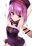  arm_up armpits bar_censor bare_shoulders blush bukkake censored cum detached_sleeves ejaculation fate/grand_order fate_(series) flat_chest hat helena_blavatsky_(fate/grand_order) highres looking_at_viewer mosaic_censoring muoto penis purple_eyes purple_hair short_hair smile solo strapless 