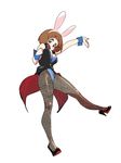  animal_ears brown_hair bunny_ears bunnysuit coattails cuffs full_body gyosone high_heels jacket kill_la_kill mankanshoku_mako pantyhose short_hair simple_background solo 