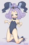  :3 acerola_(pokemon) alternate_costume animal_ears armlet bad_id bad_twitter_id bare_legs bare_shoulders blush breasts bunny_ears bunnysuit commentary elite_four flat_chest flipped_hair full_body garoudo_(kadouhan'i) grey_background hair_ornament kneeling looking_at_viewer neck_ribbon open_mouth paw_pose pokemon pokemon_(game) pokemon_sm purple_eyes purple_hair ribbon short_hair simple_background slippers small_breasts solo trial_captain wavy_mouth wristband 