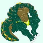 abs anthro biceps blush brown_skin clothing green_skin hyper hyper_muscles kuroma liquid male muscular pecs quads red_eyes reptile scalie soikes solo sweat thick_tail thong triceps wide_hips 