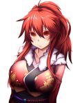  arms_at_sides bangs breasts closed_mouth commentary elesis_(elsword) elsword fi-san fur hair_between_eyes highres japanese_clothes kimono large_breasts long_hair looking_at_viewer obi ponytail red_eyes red_hair sash sidelocks smile solo upper_body white_background 