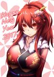  2017 arms_at_sides bangs breasts closed_mouth commentary elesis_(elsword) elsword fi-san flower fur hair_between_eyes hair_flower hair_ornament happy_new_year highres japanese_clothes kimono large_breasts long_hair looking_at_viewer new_year obi ponytail red_eyes red_hair sash sidelocks smile solo upper_body 