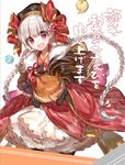 animal bangs beret bird blush braid chick chicken chinese_zodiac chocoan eyebrows_visible_through_hair fate/extra fate/grand_order fate_(series) flower hair_flower hair_ornament hat holding holding_animal japanese_clothes kimono long_hair looking_at_viewer nursery_rhyme_(fate/extra) open_mouth pink_eyes pink_flower ribbon rooster shawl silver_hair simple_background smile solo twin_braids white_background year_of_the_rooster 