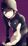  baseball_cap beckoning black_hair danganronpa double-breasted eyes_visible_through_hair fingernails gakuran hair_between_eyes hat highres leaning_forward looking_at_viewer lovi_(momoko37) male_focus new_danganronpa_v3 outstretched_hand pale_skin purple_background saihara_shuuichi school_uniform signature simple_background solo yellow_eyes 