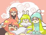  bobblehat commentary_request domino_mask green_eyes green_hair inkling mask multiple_girls nana_(raiupika) orange_background orange_eyes pajamas pillow pillow_hug sleepover splatoon_(series) splatoon_1 tentacle_hair 