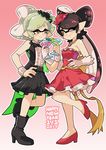  2017 2girls aori_(splatoon) black_footwear black_hair black_hat black_jacket black_skirt boots bow bowtie brown_eyes closed_mouth coattails commentary cousins cup dated domino_mask dress dress_shirt drinking_glass formal gloves gradient gradient_background grey_hair hand_on_hip happy_new_year hat holding hotaru_(splatoon) jacket jewelry jiao_bei_jiu leg_up locked_arms long_hair looking_at_another mask mini_hat mole mole_under_eye multiple_girls necklace new_year one_eye_closed pink_background pink_dress pink_footwear pink_hat shirt shoes short_hair skirt sleeveless smile splatoon_(series) splatoon_1 standing standing_on_one_leg strapless strapless_dress tentacle_hair white_gloves white_shirt wine_glass wong_ying_chee wrist_cuffs zipper 