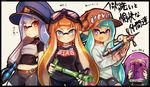  aqua_eyes aqua_hair armor bamboozler_14_(splatoon) bangs baseball_cap belt bike_shorts black_shirt black_shorts blue_eyes blue_hair blunt_bangs blush breastplate brown_hat camouflage_hat closed_mouth commentary_request conomi-c5 covered_face domino_mask e-liter_3k_(splatoon) goggles goggles_on_head hat headgear hiding highres holding holding_weapon inkling inkling_(language) long_hair long_sleeves looking_at_viewer mask multiple_girls orange_hair parted_lips peaked_cap pointy_ears print_shirt purple_hair red_eyes shirt short_sleeves shorts single_vertical_stripe smile splash-o-matic_(splatoon) splatoon_(series) splatoon_1 squatting standing suction_bomb_(splatoon) tentacle_hair translation_request upper_body weapon white_shirt 