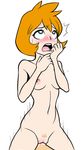  1girl blue_eyes blush breasts colored hand_on_face kasumi_(pokemon) nipples nude open_mouth orange_hair pokemon pokemon_(game) pokemon_rgby pubic_hair pussy righteoustea rolling_eyes sex short_hair simple_background small_breasts solo stomach sweat thighs uncensored vaginal white_background 