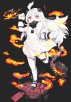  1girl adapted_costume ahoge alternate_costume biting blush_stickers dress enemy_aircraft_(kantai_collection) highres horns kantai_collection long_hair looking_at_viewer mittens northern_ocean_hime open_mouth red_eyes roon shinkaisei-kan standing standing_on_one_leg torpedo white_dress white_hair white_skin 