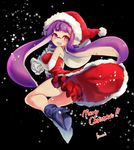  artist_name bad_id bad_pixiv_id bag bangs black_background black_footwear blush boots carrying christmas coat conomi-c5 domino_mask dress elbow_gloves english fangs full_body gloves hat highres inkling long_hair looking_at_viewer looking_back mask merry_christmas over_shoulder pointy_ears purple_eyes purple_hair red_coat red_dress red_hat santa_costume santa_hat short_dress snow solo splatoon_(series) splatoon_1 standing strapless strapless_dress tentacle_hair white_gloves 