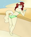  2017 angry anthro beach bikini blue_eyes butt canine clothed clothing digital_media_(artwork) dog female fur hair hi_res looking_at_viewer looking_back mammal mcfly0crash outside red_hair seaside simple_background solo swimsuit 