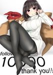  bangs black_hair black_legwear blush breasts brown_coat buta_tamako coat coat_removed commentary_request eyebrows_visible_through_hair feet followers highres large_breasts legs light_smile looking_at_viewer no_shoes original pantyhose parted_lips purple_eyes red_scarf ribbed_sweater scarf scarf_removed shadow sleeves_past_wrists solo sweater thank_you thighband_pantyhose thighs turtleneck turtleneck_sweater 