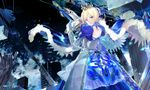  1girl armor artoria_pendragon_(all) avalon_(fate/stay_night) bad_id bad_pixiv_id blue_cape bow braid building cape choker column crown excalibur fate_(series) fur_trim gauntlets green_eyes hair_bow highres looking_back parted_lips pillar puffy_sleeves saber solo sword weapon 