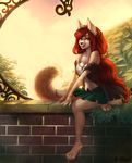  anthro big_breasts blue_eyes braided_hair breasts claws clothed clothing collarbone feline female fur hair invalid_tag llirika long_hair looking_at_viewer mammal outside pawpads paws ponytail red_hair sitting smile solo 
