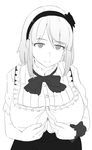  1girl breasts buttons commentary_request dagashi_kashi greyscale hairband highres large_breasts looking_at_viewer monochrome naozuri paizuri_invitation shidare_hotaru short_hair short_sleeves solo 
