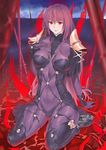  absurdres arm_support cloud collarbone fate/grand_order fate_(series) full_body ground hand_on_own_chest high_heels highres kumasang lips long_hair polearm purple_hair red_eyes scathach_(fate)_(all) scathach_(fate/grand_order) see-through shoulder_armor sitting skin_tight sky solo spaulders spear wariza weapon 