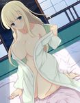  bangs barefoot blonde_hair blue_eyes blunt_bangs blush breasts closed_mouth collarbone commentary_request covered_nipples dutch_angle full_body futon hair_ornament hairclip kneeling large_breasts long_hair looking_at_viewer naked_robe navel noeomi senran_kagura senran_kagura_shoujo-tachi_no_shin'ei sidelocks sliding_doors smile solo stomach undressing yomi_(senran_kagura) 