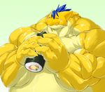  belly biceps big_belly blue_hair blush claws content dragon eating food hair horn hyper hyper_muscles kuroma light_skin male musclegut muscular pecs reptile scales scalie smile solo sushi triceps yellow_skin 