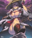  artist_name baiken boots breasts cleavage eyepatch grin guilty_gear guilty_gear_xrd hat huge_breasts katana long_hair looking_at_viewer looking_down moon no_bra obui pink_hair red_eyes smile solo straw_hat sword thighs weapon 