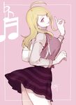  ahoge akamatsu_kaede backpack bag beamed_sixteenth_notes blonde_hair breasts cowboy_shot danganronpa eighth_note flat_sign highres index_finger_raised large_breasts long_hair looking_at_viewer lovi_(momoko37) musical_note new_danganronpa_v3 pink_eyes pleated_skirt purple_skirt randoseru school_uniform signature skirt smile solo striped striped_skirt sweater_vest 